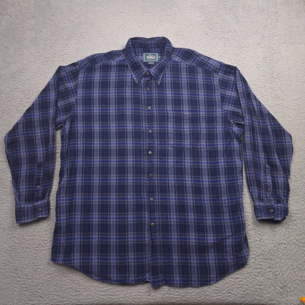 Woolrich Flannel Button Down Shirt Men XXL Navy Plaid Cotton Long Sleeve Vtg